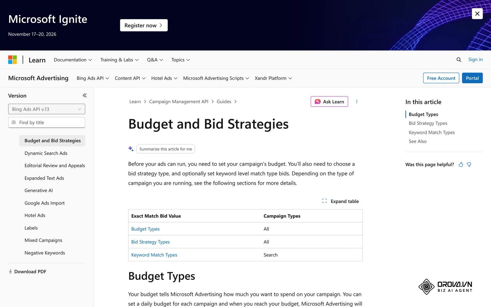 Microsoft Advertising documentation comparing manual bidding with automated bid strategies.