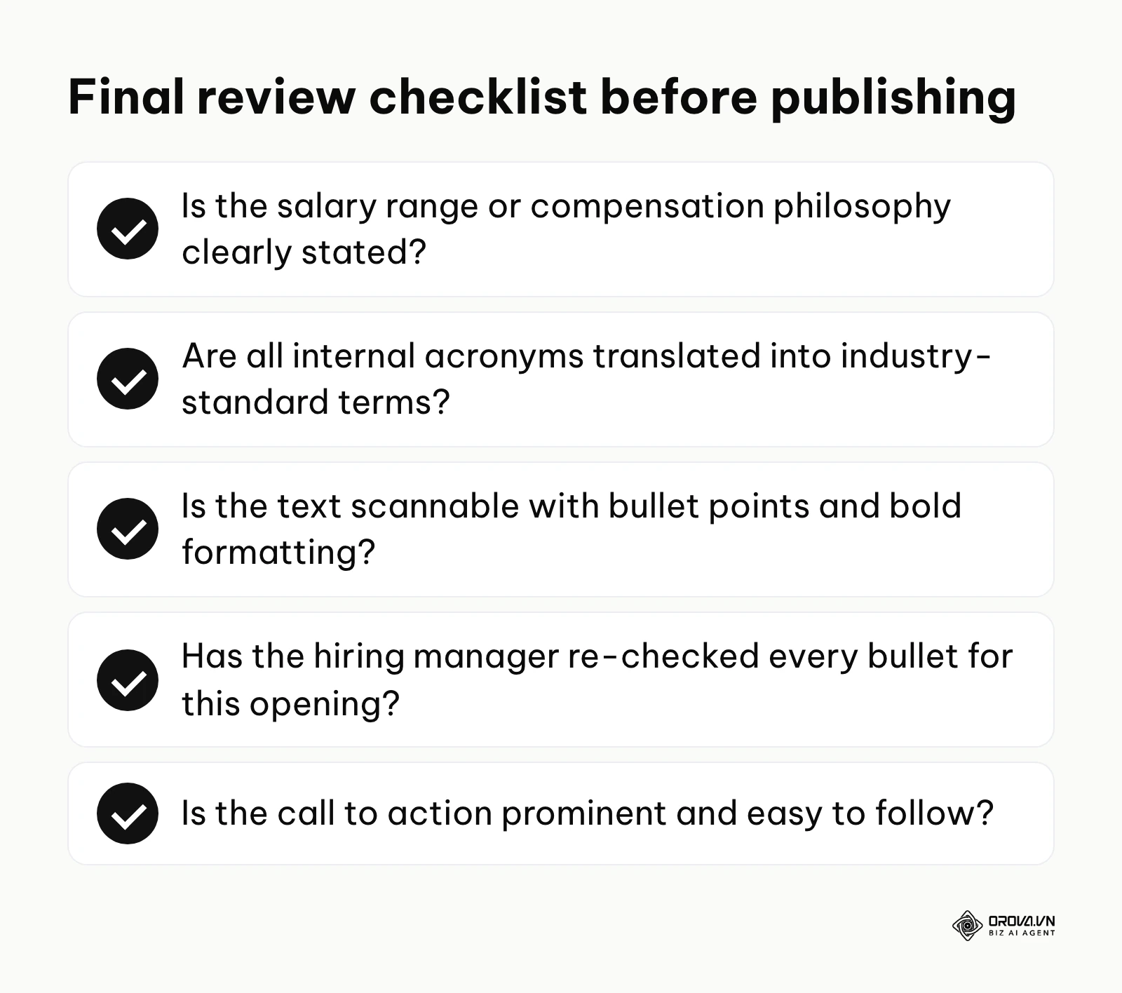 A final checklist of five questions to ask before publishing a job description.