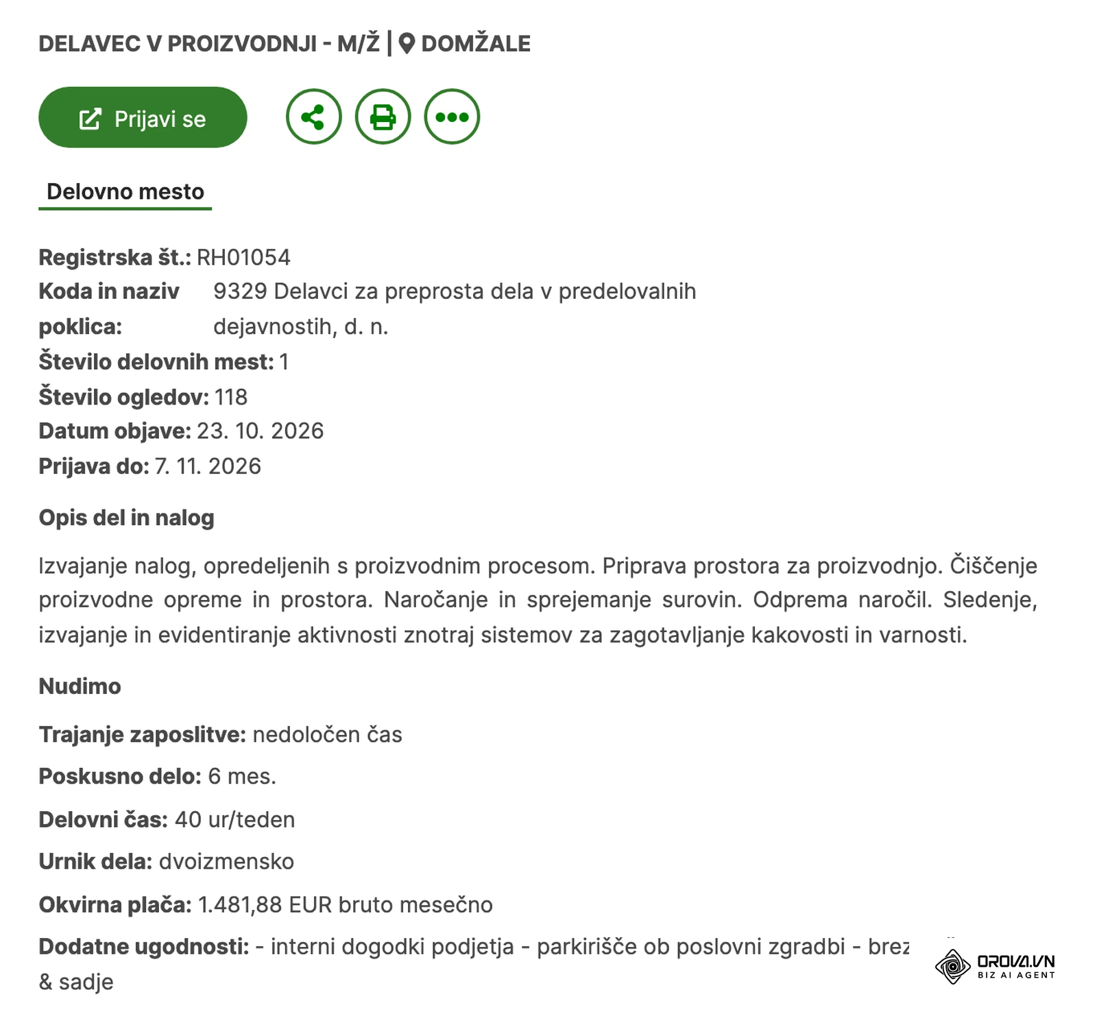Oglas na portalu Zavoda RS za zaposlovanje: razdelka Opis del in nalog ter Nudimo z vrsto zaposlitve, poskusnim delom, delovnim časom in okvirno plačo v EUR bruto mesečno.