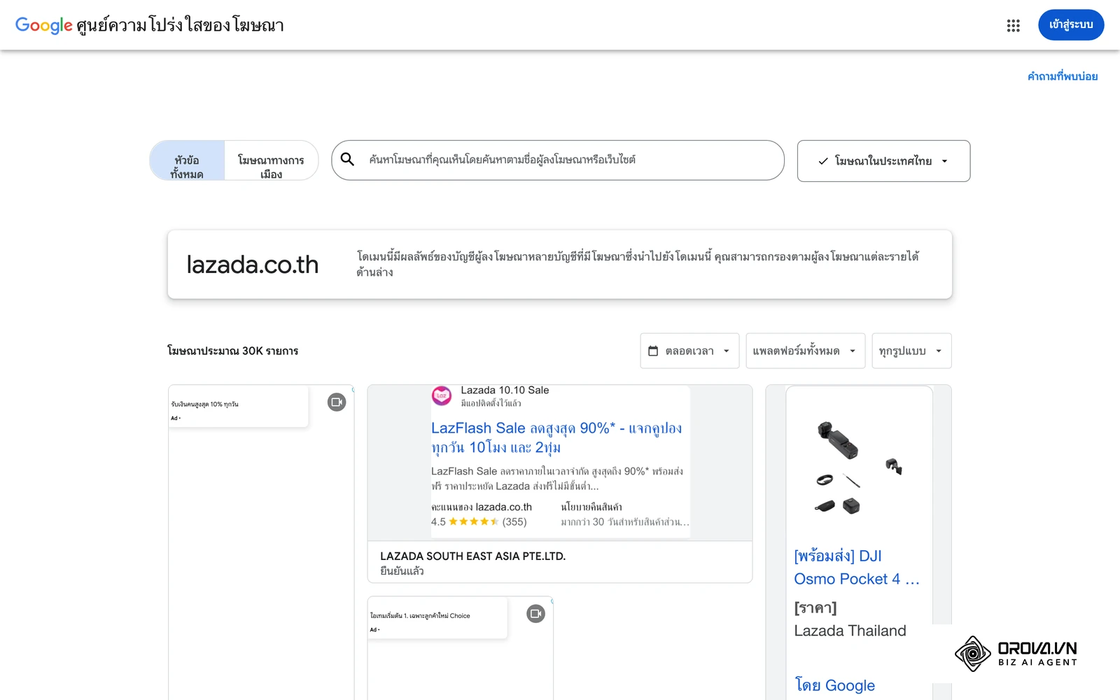 โฆษณา Google จริงของผู้ลงโฆษณาในประเทศไทย จากศูนย์ความโปร่งใสด้านโฆษณาของ Google (Ads Transparency Center, ภูมิภาคไทย)