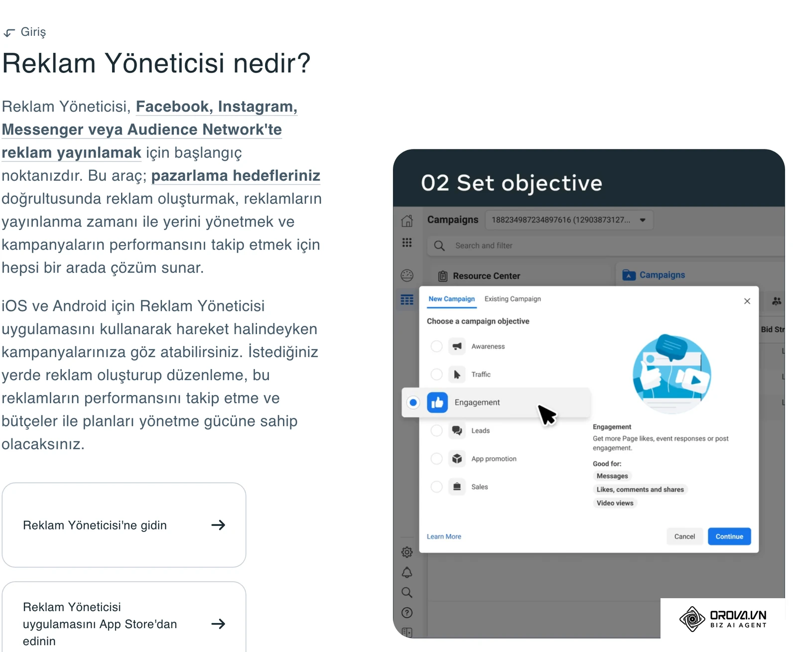 Meta'nın resmi Reklam Yöneticisi sayfasından: Reklam Yöneticisi'nde yeni kampanya oluştururken kampanya amacının seçildiği ekran.