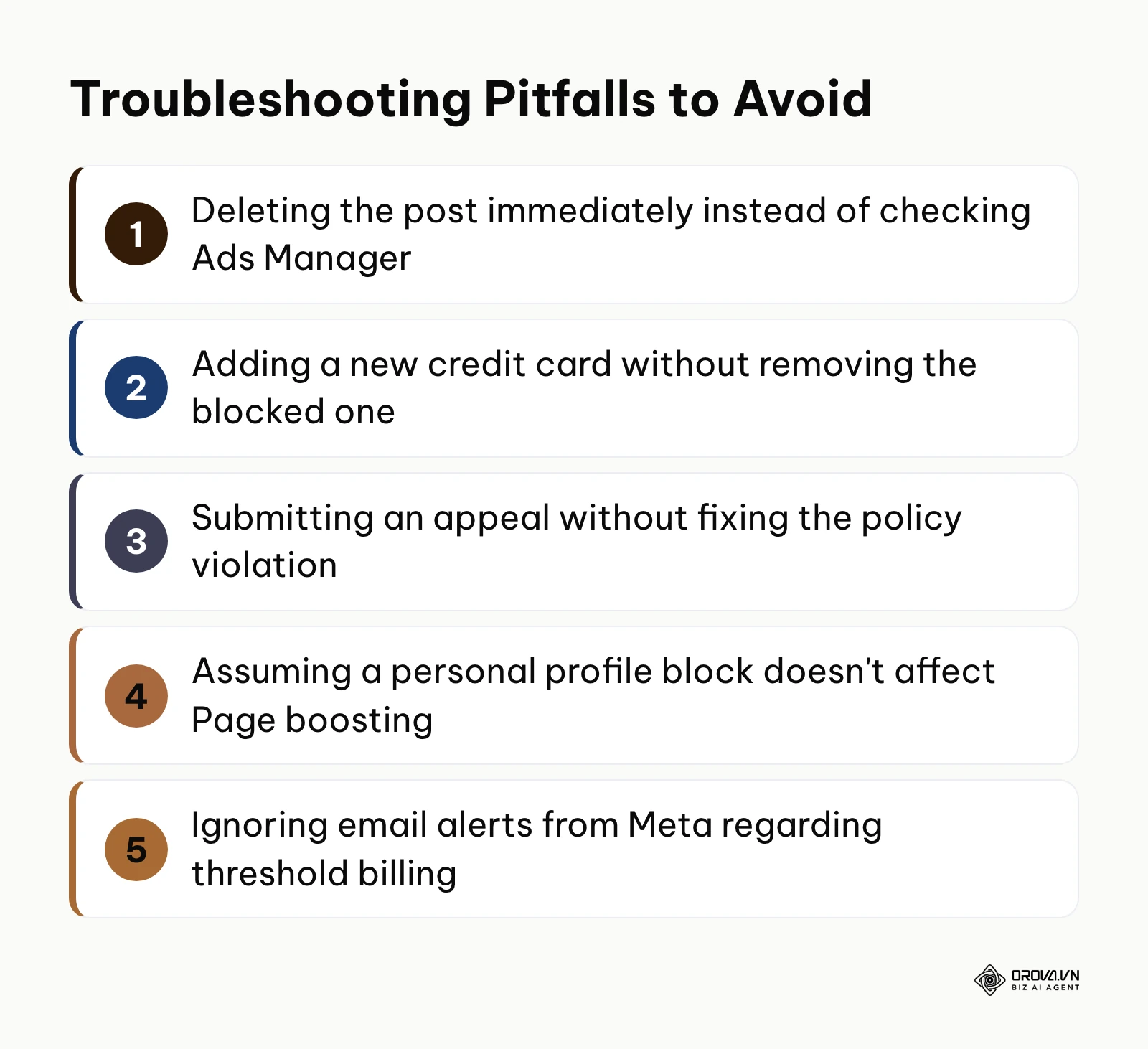 A numbered list of common mistakes made when trying to fix Facebook boost errors.