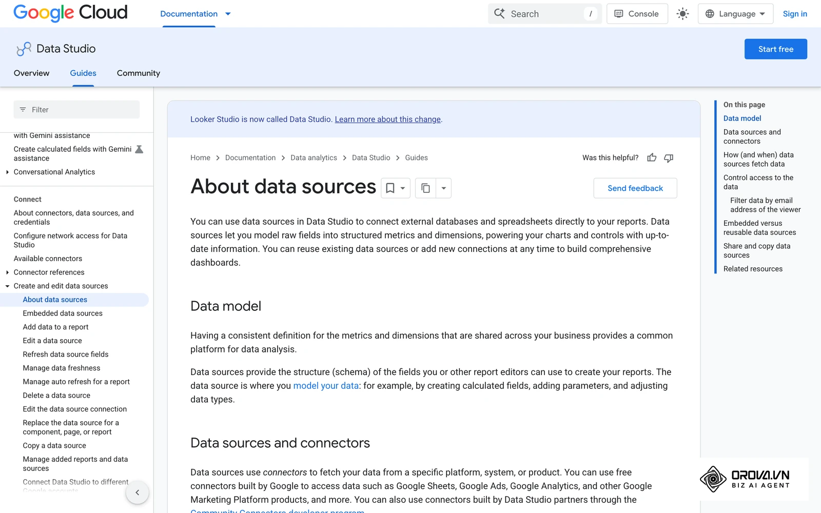 Google's help page explaining how data sources, connectors and credentials fit together.