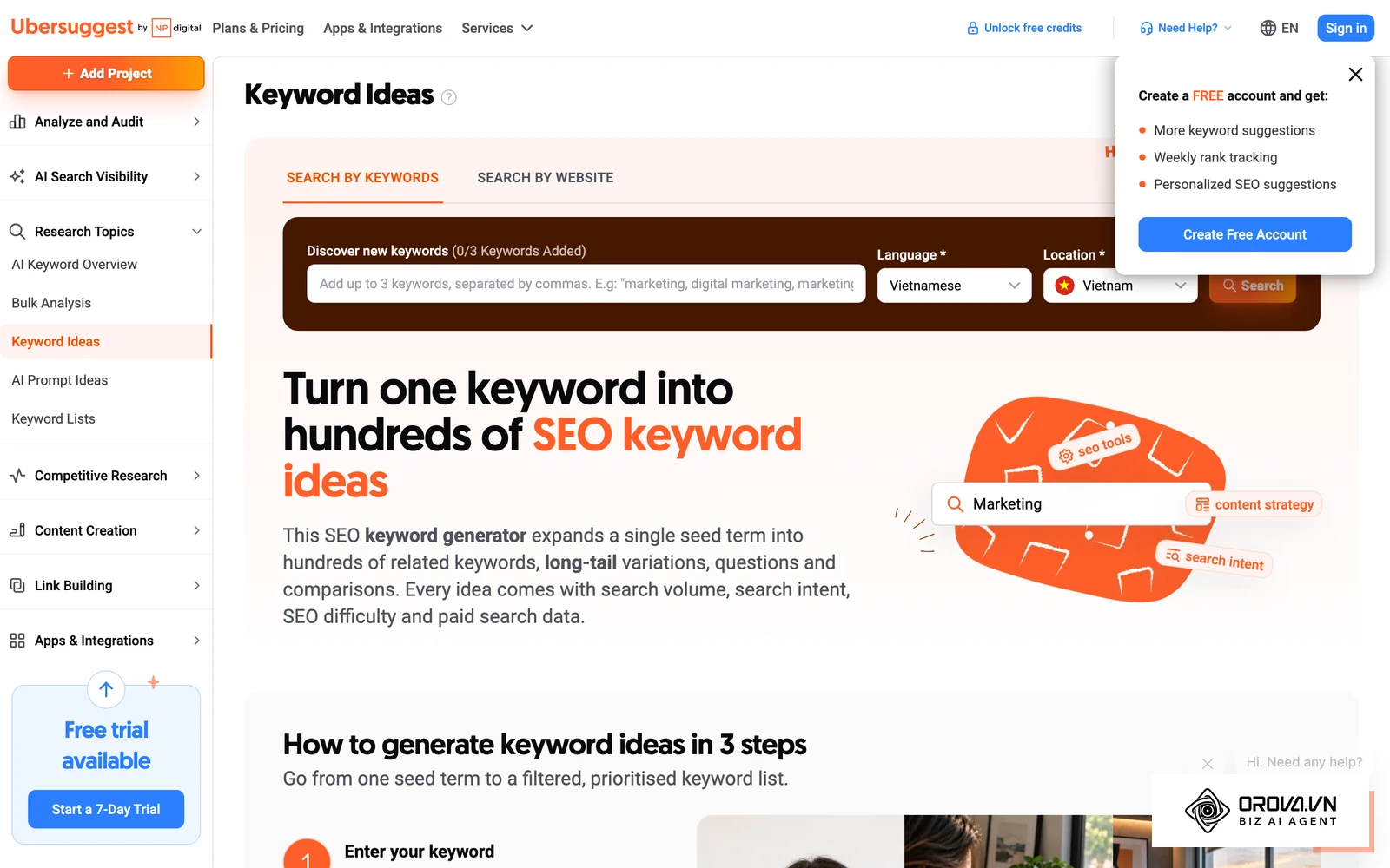 ទំព័រ Keyword Ideas ផ្លូវការរបស់ Ubersuggest ដែលអ្នកវាយពាក្យគន្លឹះគ្រាប់ពូជ ដើម្បីមើលបញ្ជីពាក្យពាក់ព័ន្ធ ទំហំស្វែងរក និងកម្រិតលំបាក SEO។