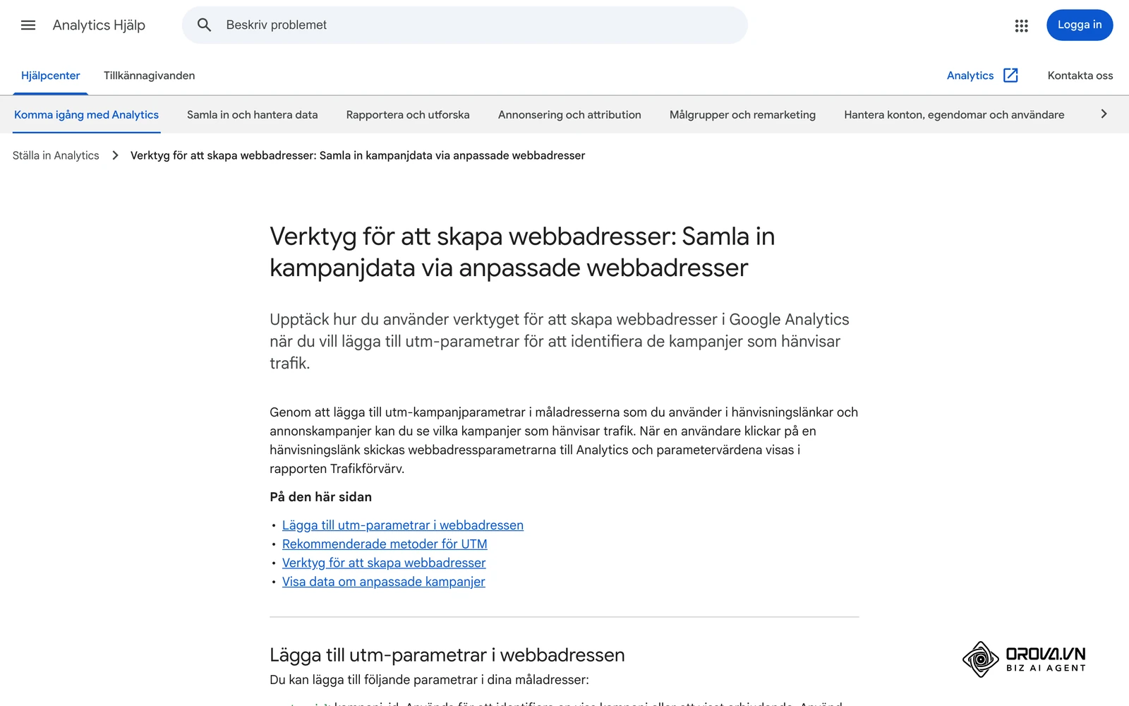 Google Analytics hjälpcenter på svenska om verktyget för att skapa webbadresser: utm_source, utm_medium, utm_campaign, utm_term, utm_content och utm_id med exempel.