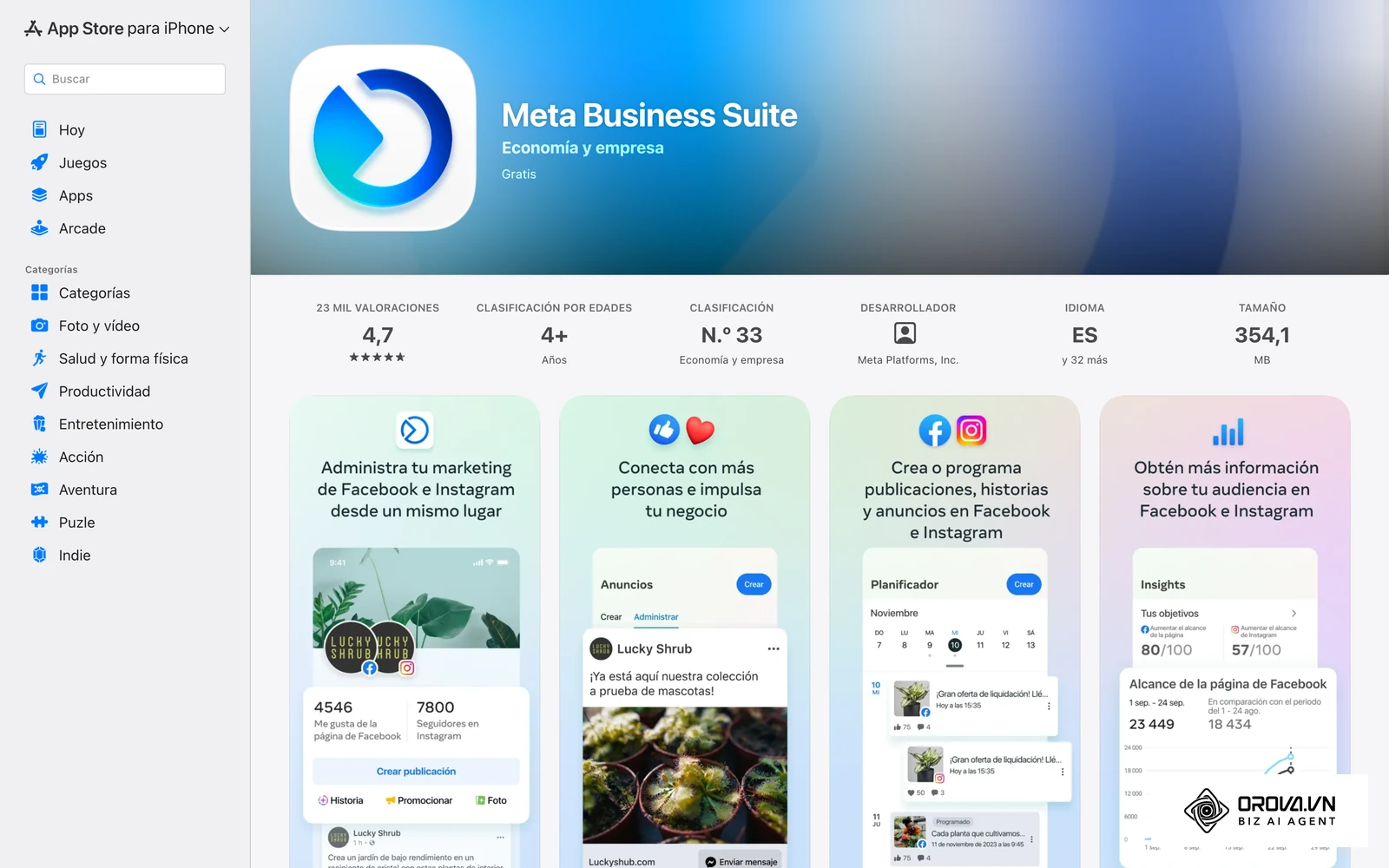 Ficha oficial de la app Meta Business Suite en App Store con capturas reales de la interfaz: inicio, anuncios, planificador y estadísticas de Facebook e Instagram.