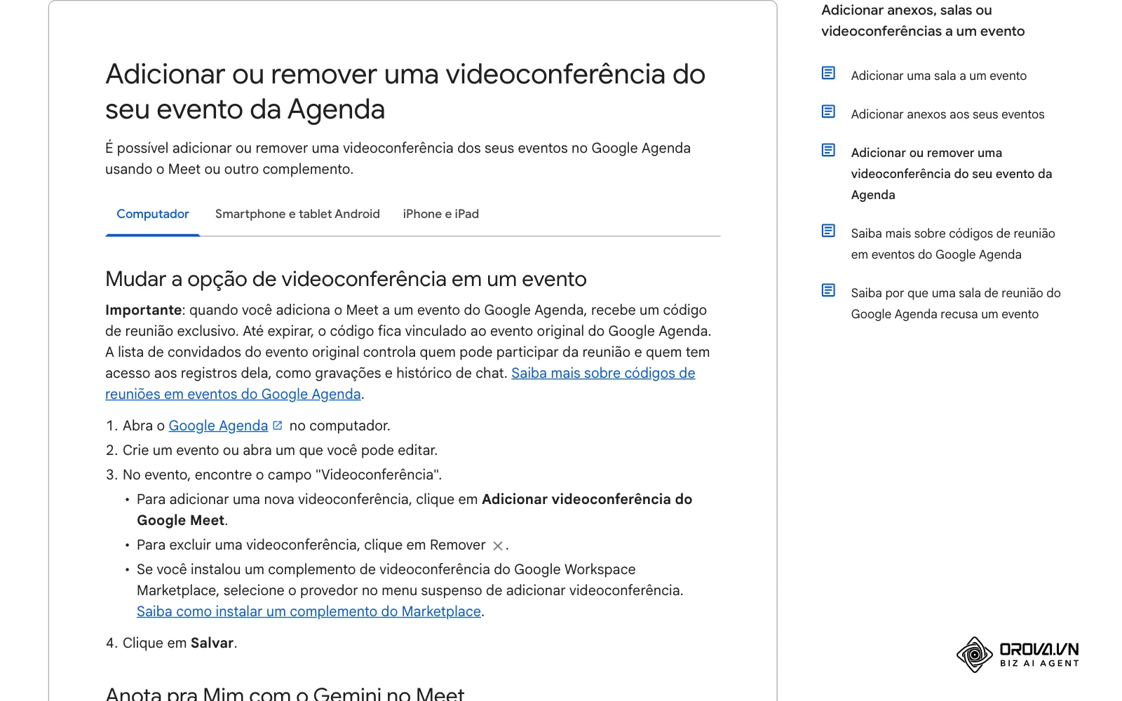 Central de ajuda do Google Agenda (página pública): adicionar a videoconferência ao evento do convite.