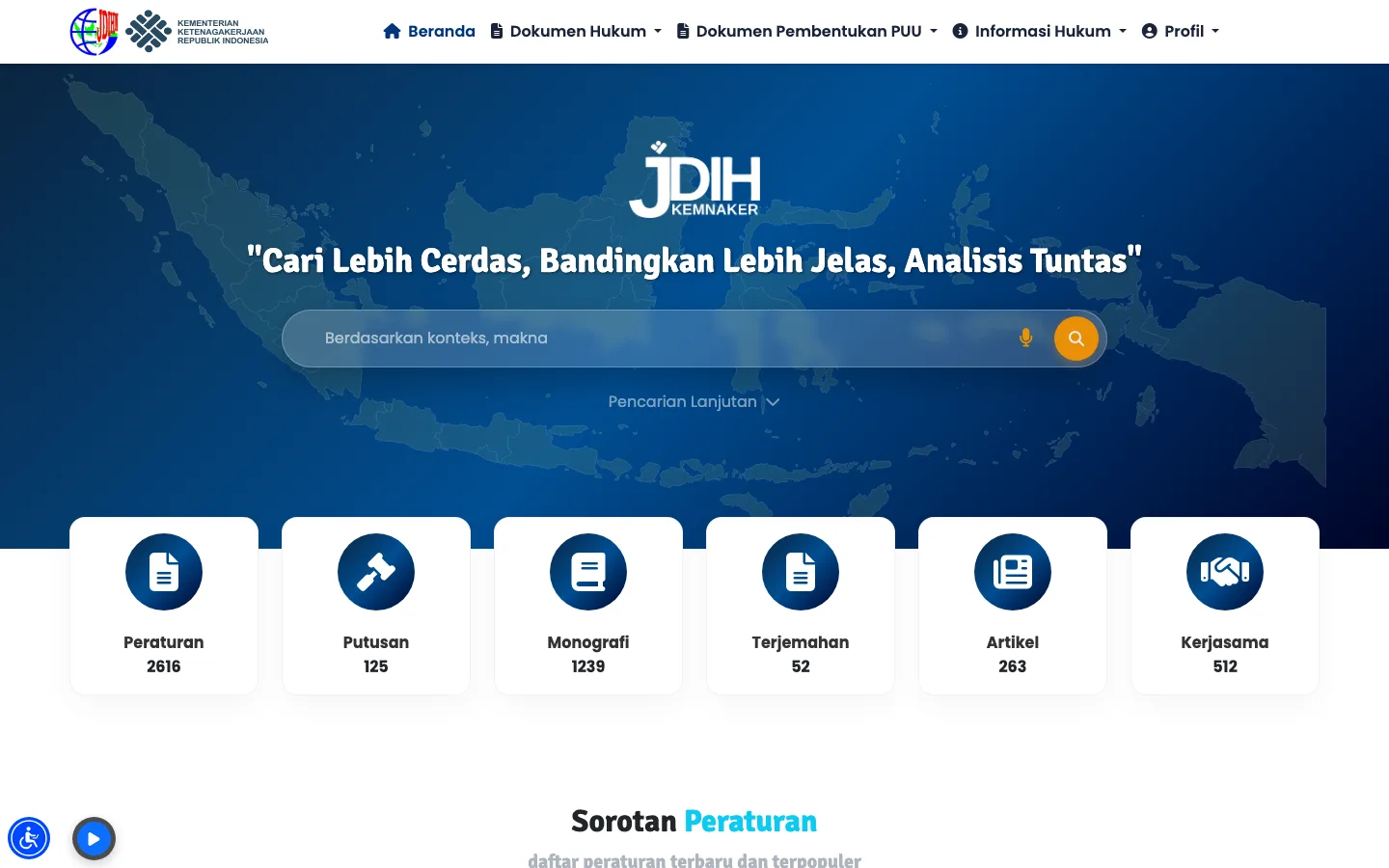 Beranda JDIH Kementerian Ketenagakerjaan RI, tempat mencari teks resmi peraturan tentang waktu kerja, istirahat, dan lembur.