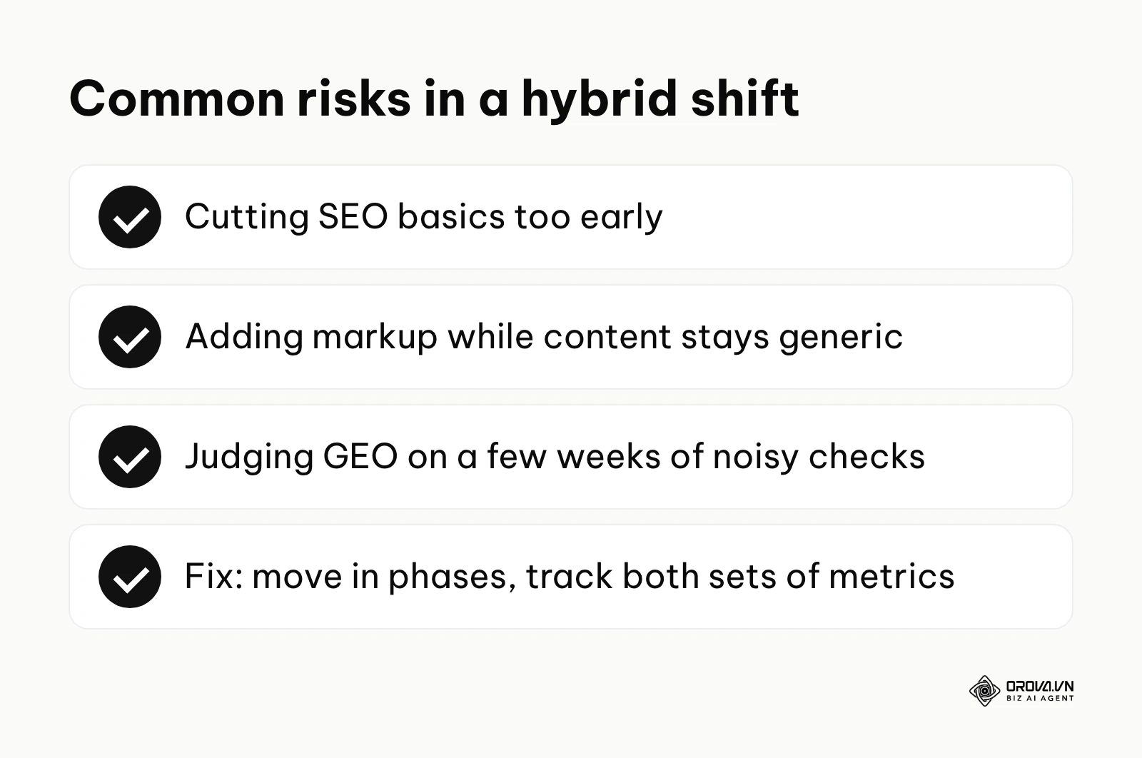 Checklist of common risks when moving from SEO-only to a hybrid SEO and GEO approach.