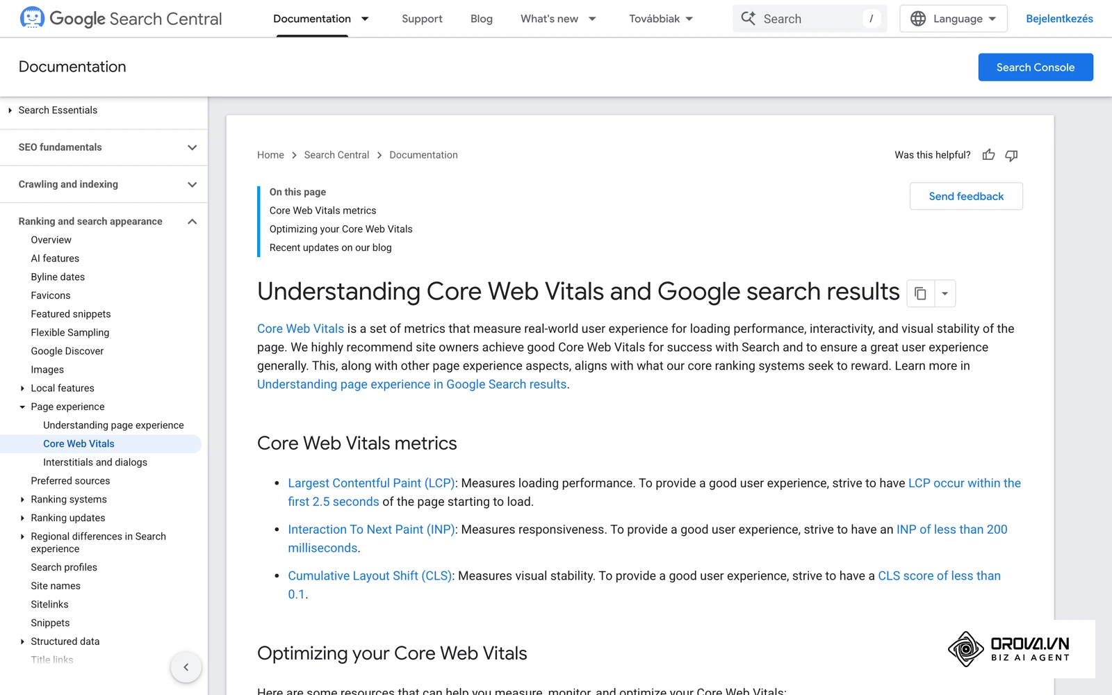 A Google Search Central oldala a Core Web Vitals mutatókról (LCP, INP, CLS), amelyekre a technikai audit „jó” határértékei épülnek.