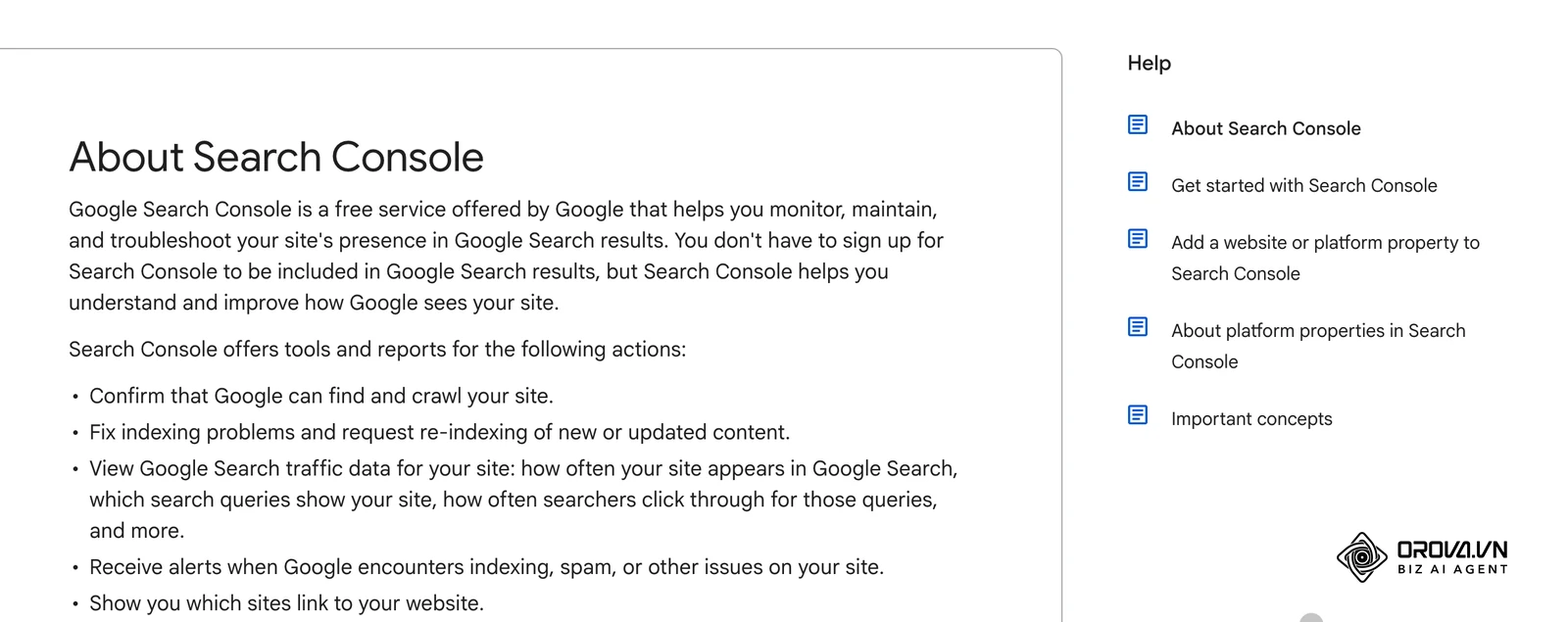 Oficialus Search Console pagalbos centras: puslapis „About Search Console“ (lietuviška versija nepateikiama, rodomas anglų kalba) – kam skirtas įrankis ir kokias ataskaitas jis siūlo.