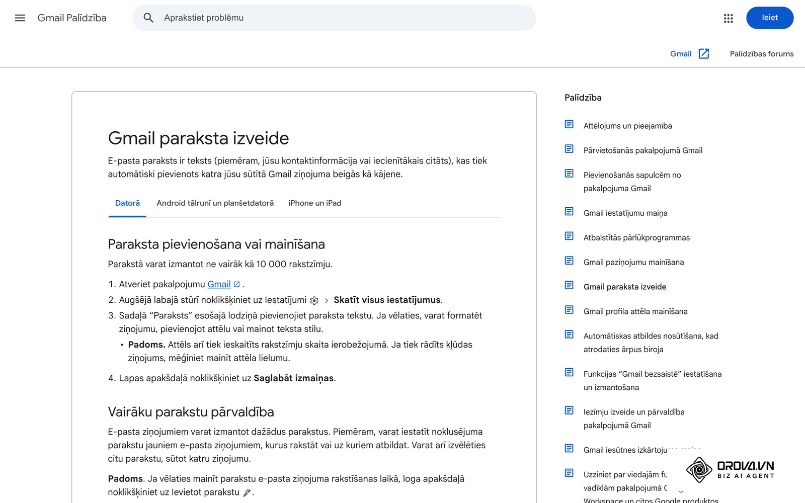 Gmail palīdzības lapa latviešu valodā par e-pasta paraksta izveidi iestatījumos.