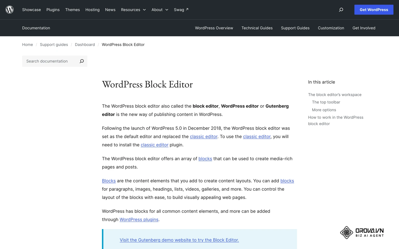 A WordPress hivatalos dokumentációja a blokk-szerkesztőről, ahol a címsor, lista és táblázat blokkok elérhetők.