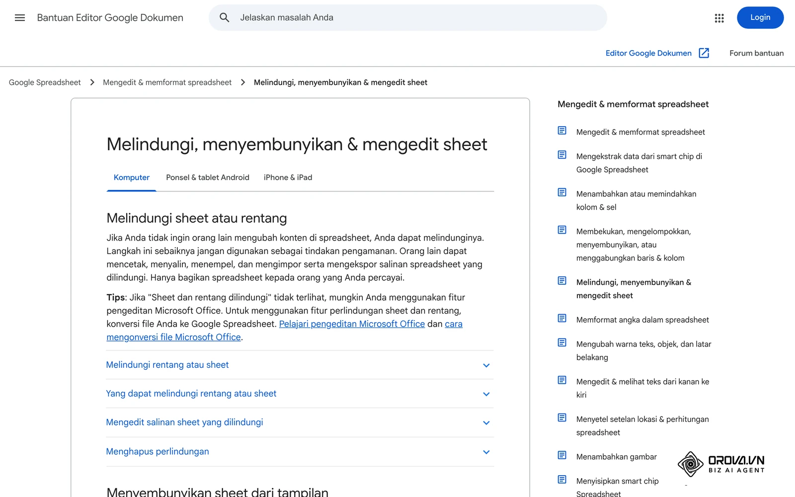 Halaman bantuan resmi Data > Lindungi sheet dan rentang (bahasa Indonesia): pilihan Sheet, Kecuali sel tertentu, dan Setel izin.