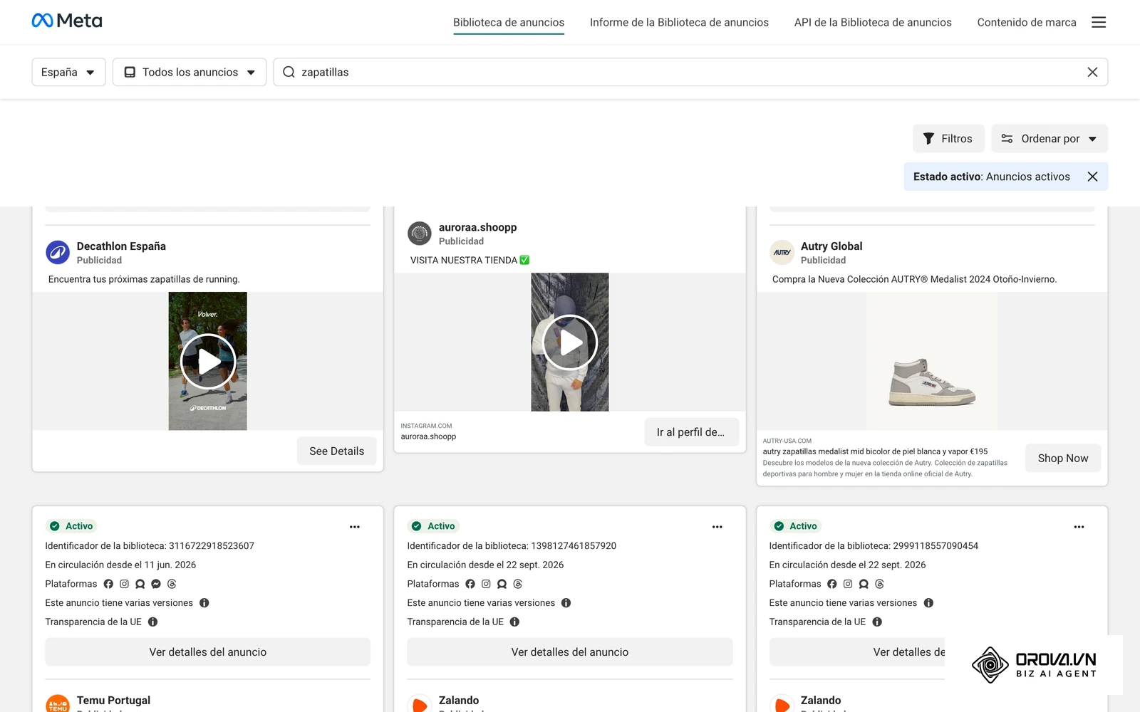 Biblioteca de anuncios de Meta: anuncios reales activos en España para la búsqueda «zapatillas», con varias versiones de creatividad por anunciante, justo lo que se ajusta al optimizar anuncios.