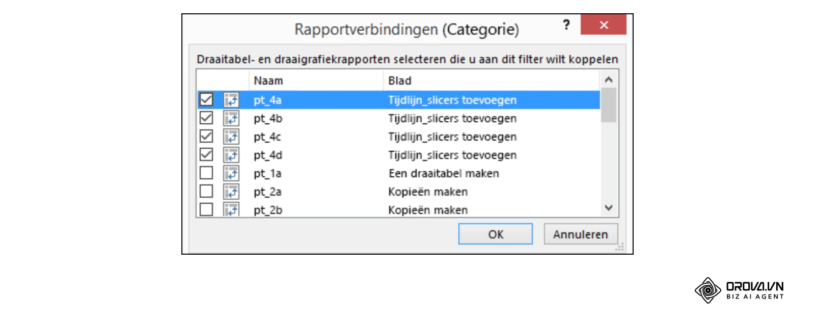 Microsoft Support (nl-nl): het dialoogvenster Rapportverbindingen van een slicer, met aangevinkte draaitabellen pt_4a tot en met pt_4d die de slicer samen filtert.