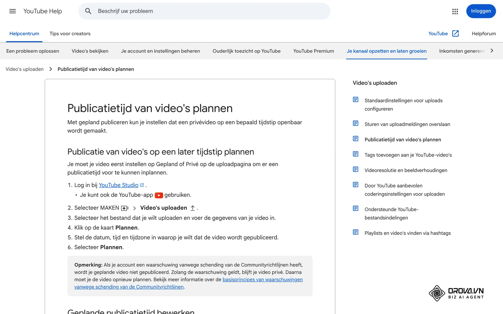 Officiële helppagina van YouTube «Publicatietijd van video's plannen»: zo wordt een rij uit je contentkalender een ingeplande publicatie.