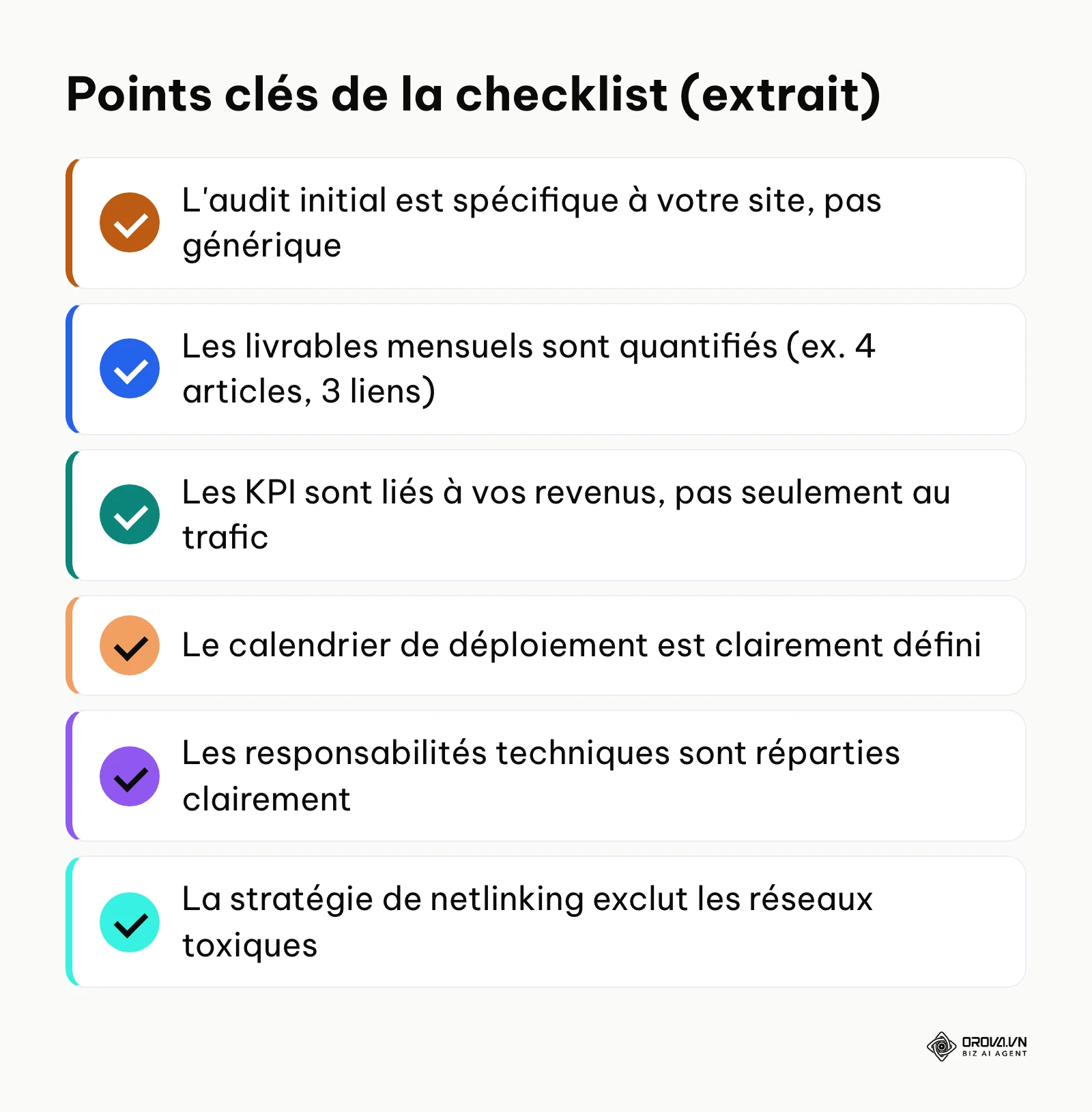Liste des points de contrôle essentiels à vérifier dans une proposition commerciale SEO.