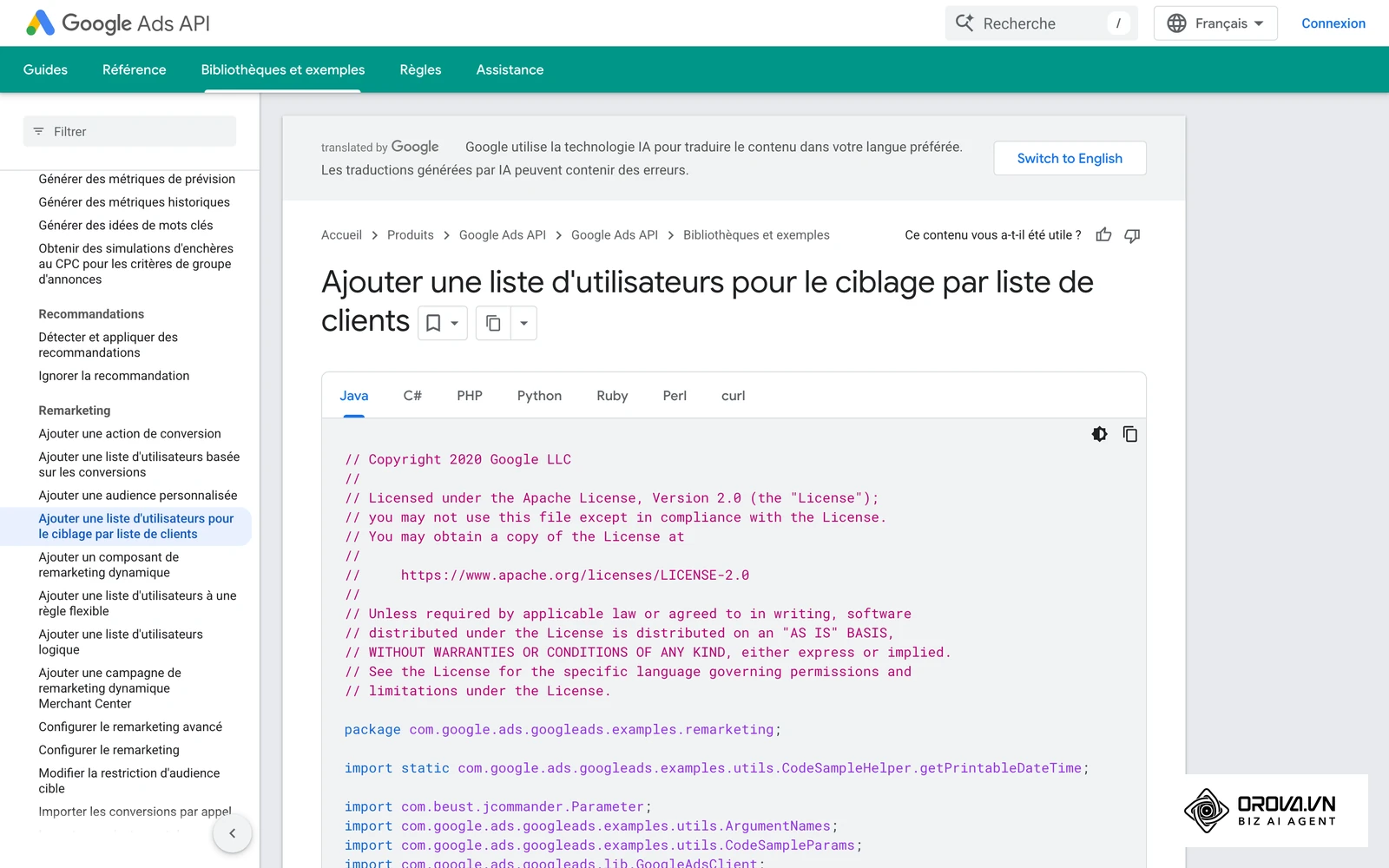 Exemple officiel de Google pour automatiser l'ajout d'une liste Customer Match via l'API, utile aux agences.