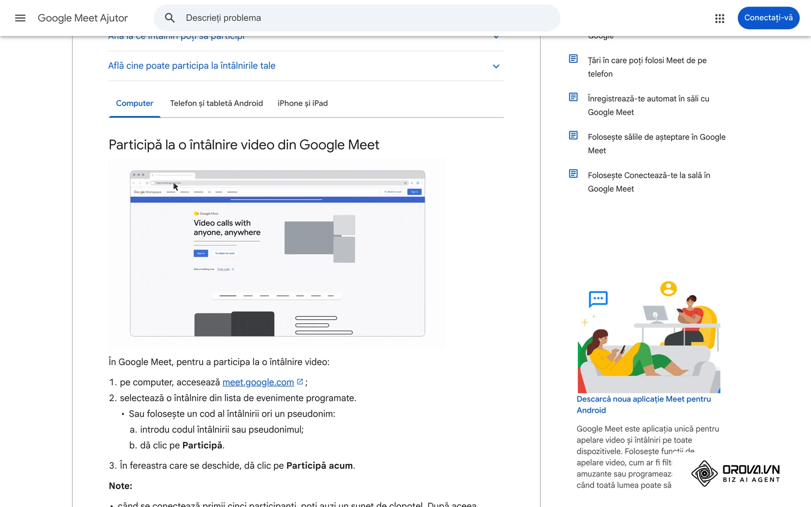 Pagina oficială de ajutor Google Meet în limba română despre intrarea într-o ședință online de pe computer