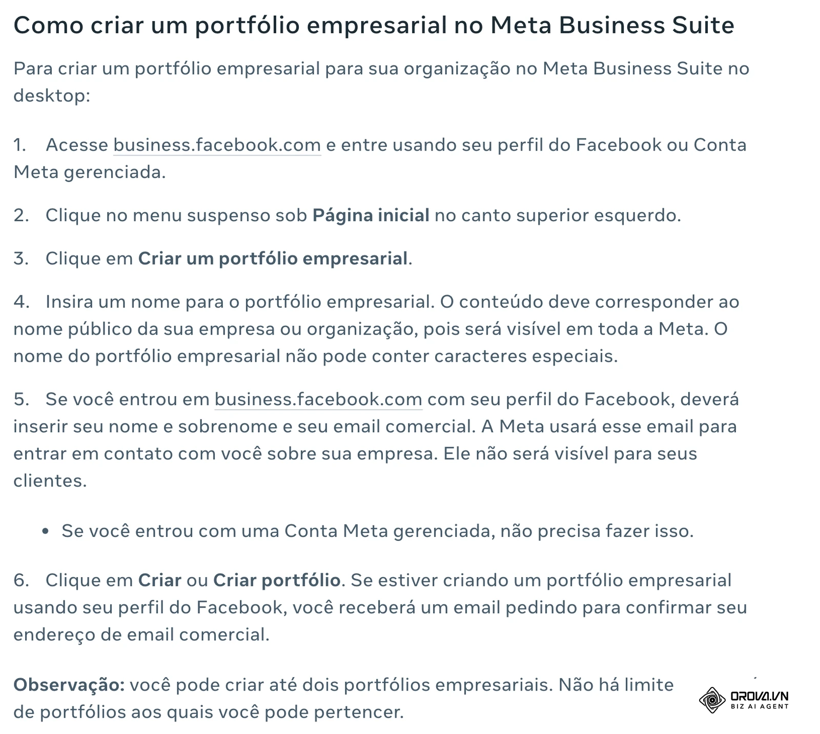 Central de Ajuda da Meta: passos para criar um portfólio empresarial no Meta Business Suite, de business.facebook.com até Criar portfólio.
