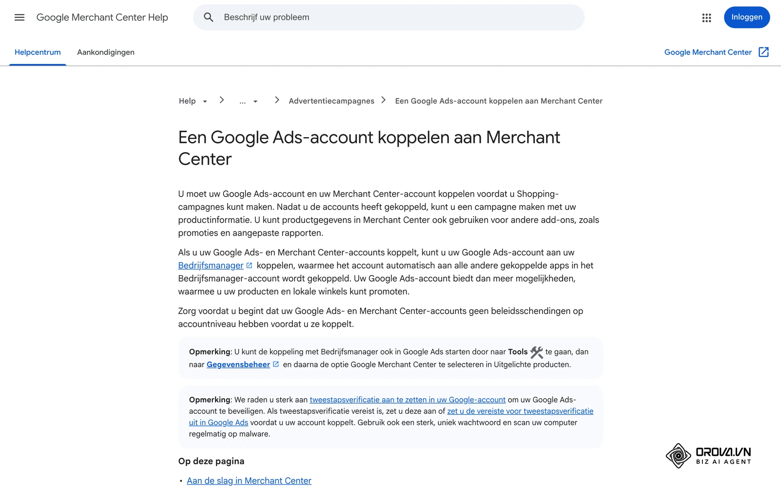 Merchant Center-Help: Een Google Ads-account koppelen aan Merchant Center via Toegang en services.