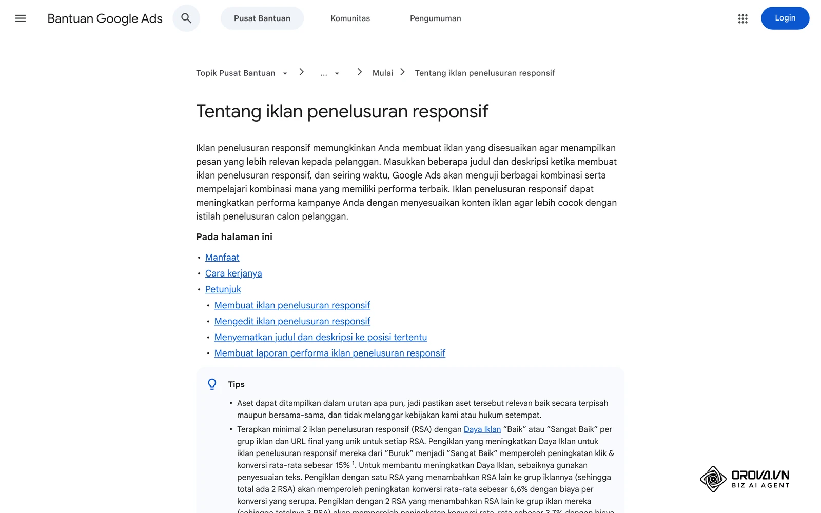 Halaman Bantuan Google Ads tentang iklan penelusuran responsif: judul, deskripsi, dan kekuatan iklan.