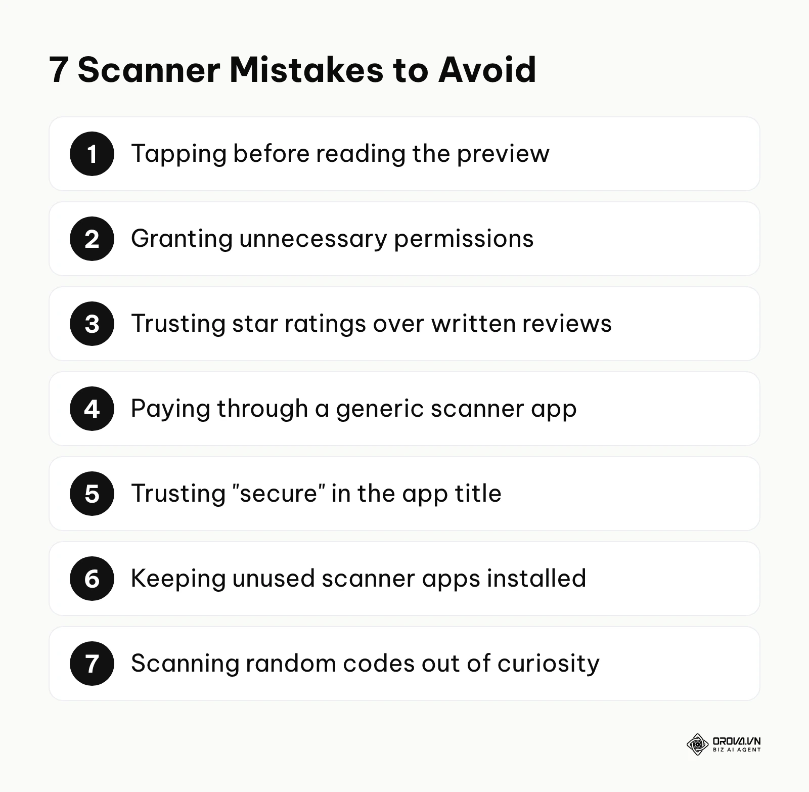Numbered list of seven common mistakes people make with free QR code scanners.