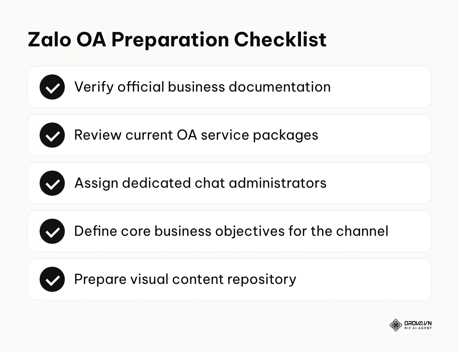A checklist of essential items required before starting Zalo OA management.
