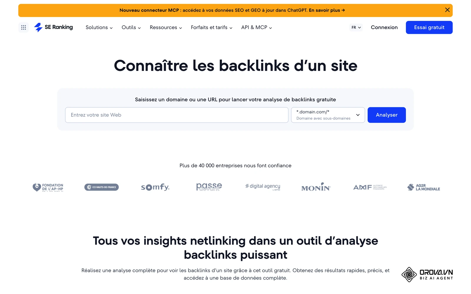 Page officielle de l'analyseur de backlinks de SE Ranking, fonction absente de Yooda Insight.