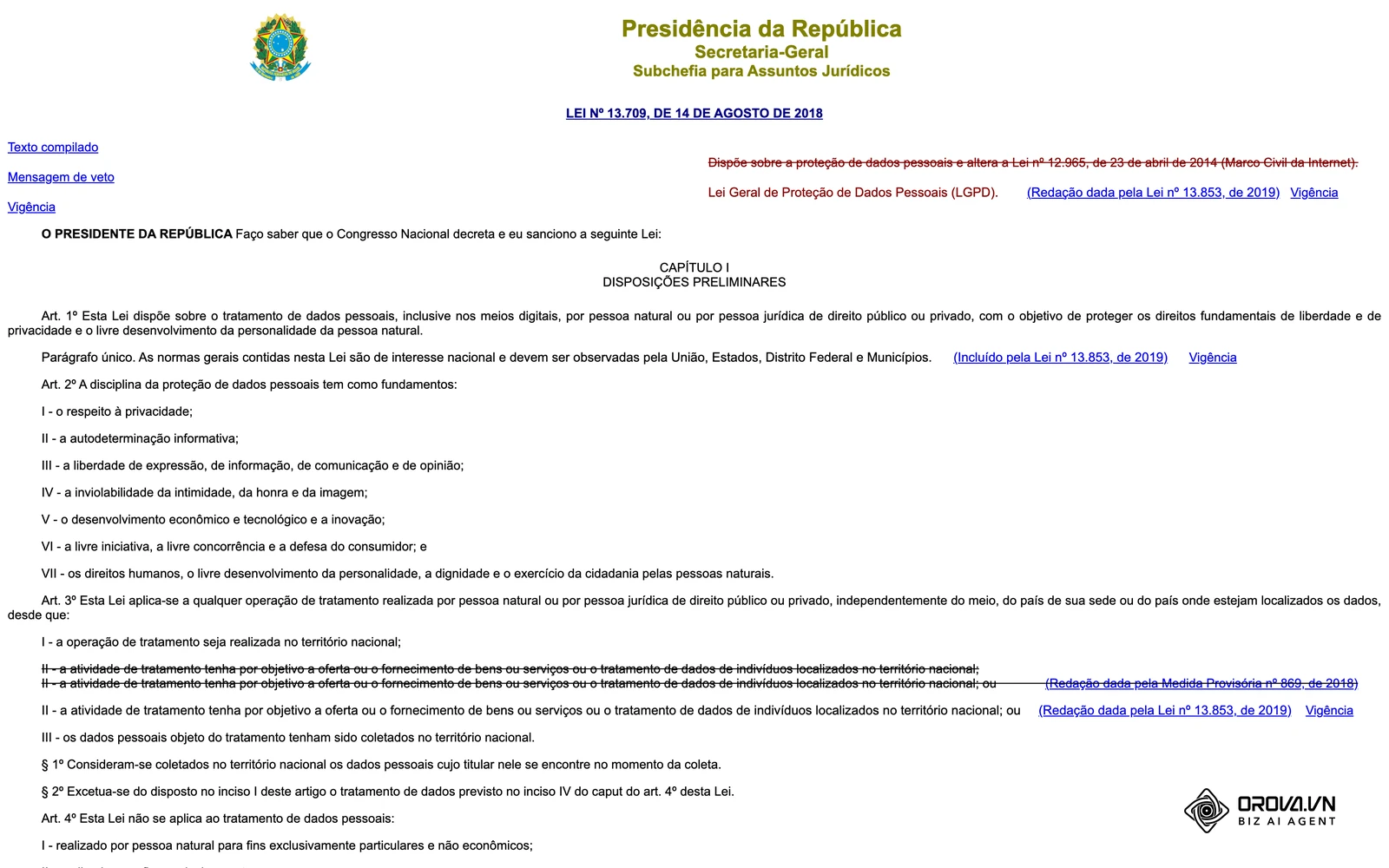 Página da Lei Geral de Proteção de Dados (Lei nº 13.709/2018) no portal planalto.gov.br, com o texto compilado onde está o art. 6º.