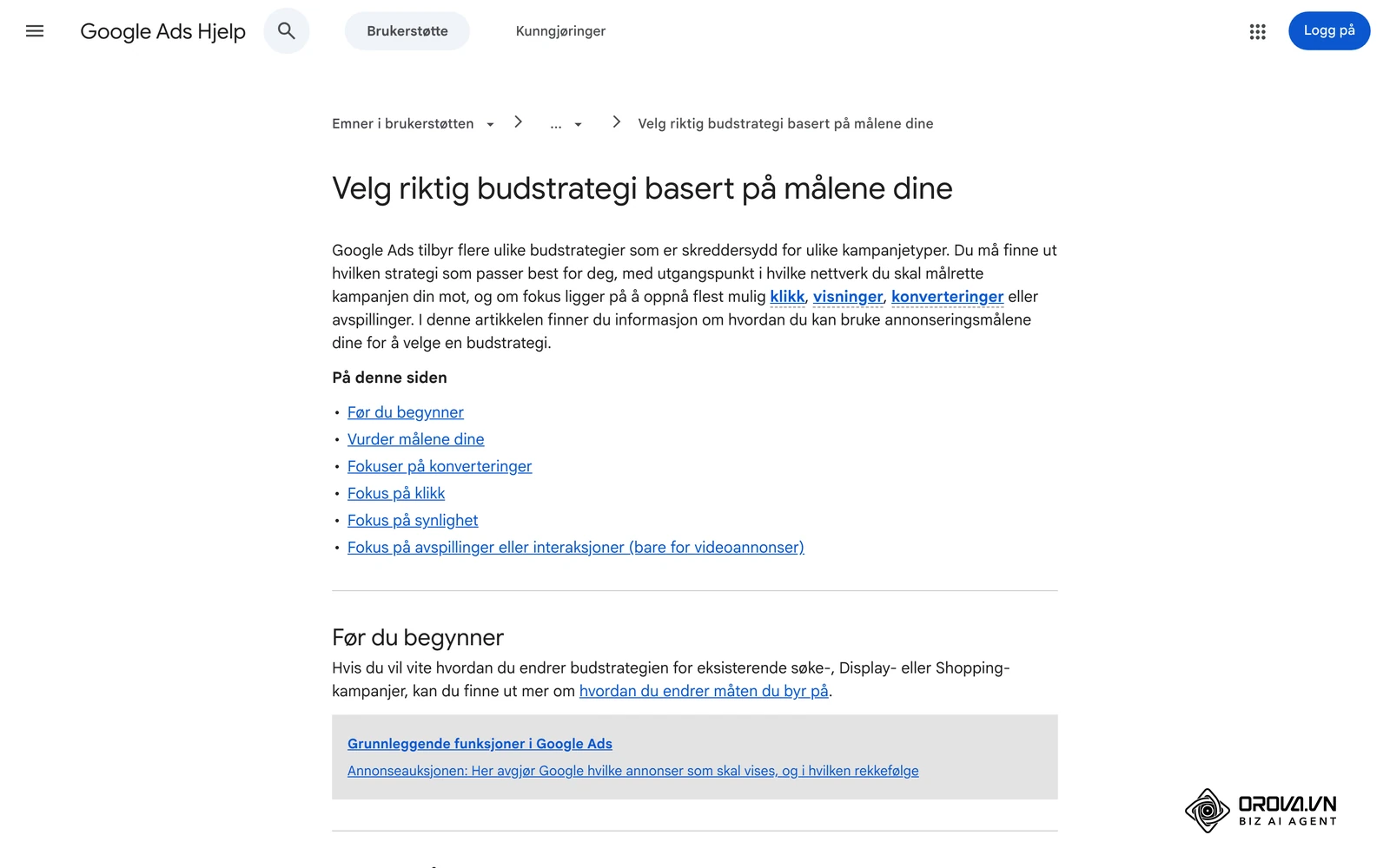 Siden «Velg riktig budstrategi basert på målene dine» i Google Ads Hjelp på norsk, med mål-CPA, mål-ROAS og Maksimer-strategiene.