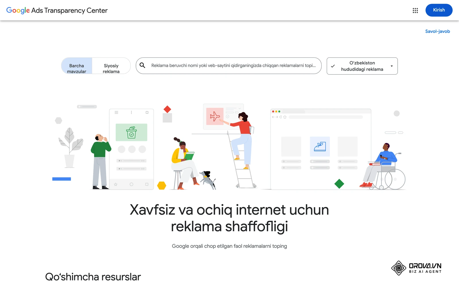 Google Ads Transparency Center bosh sahifasi: hudud sifatida Oʻzbekiston tanlangan, bu yerdan mahalliy reklama beruvchilarning eʼlonlarini qidirish mumkin.
