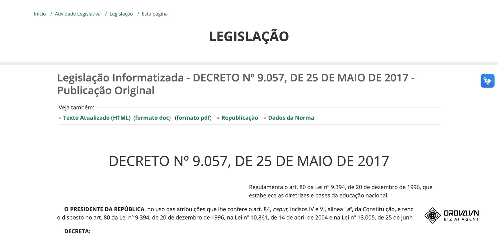 Página oficial com o texto do Decreto nº 9.057, de 25 de maio de 2017, que regulamenta o art. 80 da Lei nº 9.394/1996.