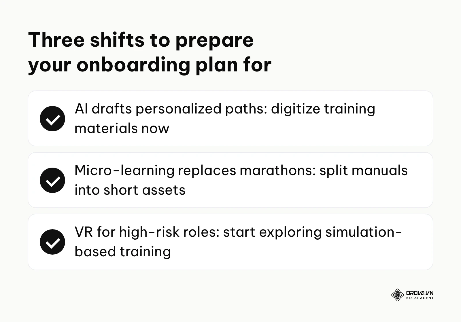 Summary of three onboarding trends: AI-drafted personalized paths, micro-learning instead of marathon orientation, and VR simulations for high-risk roles.