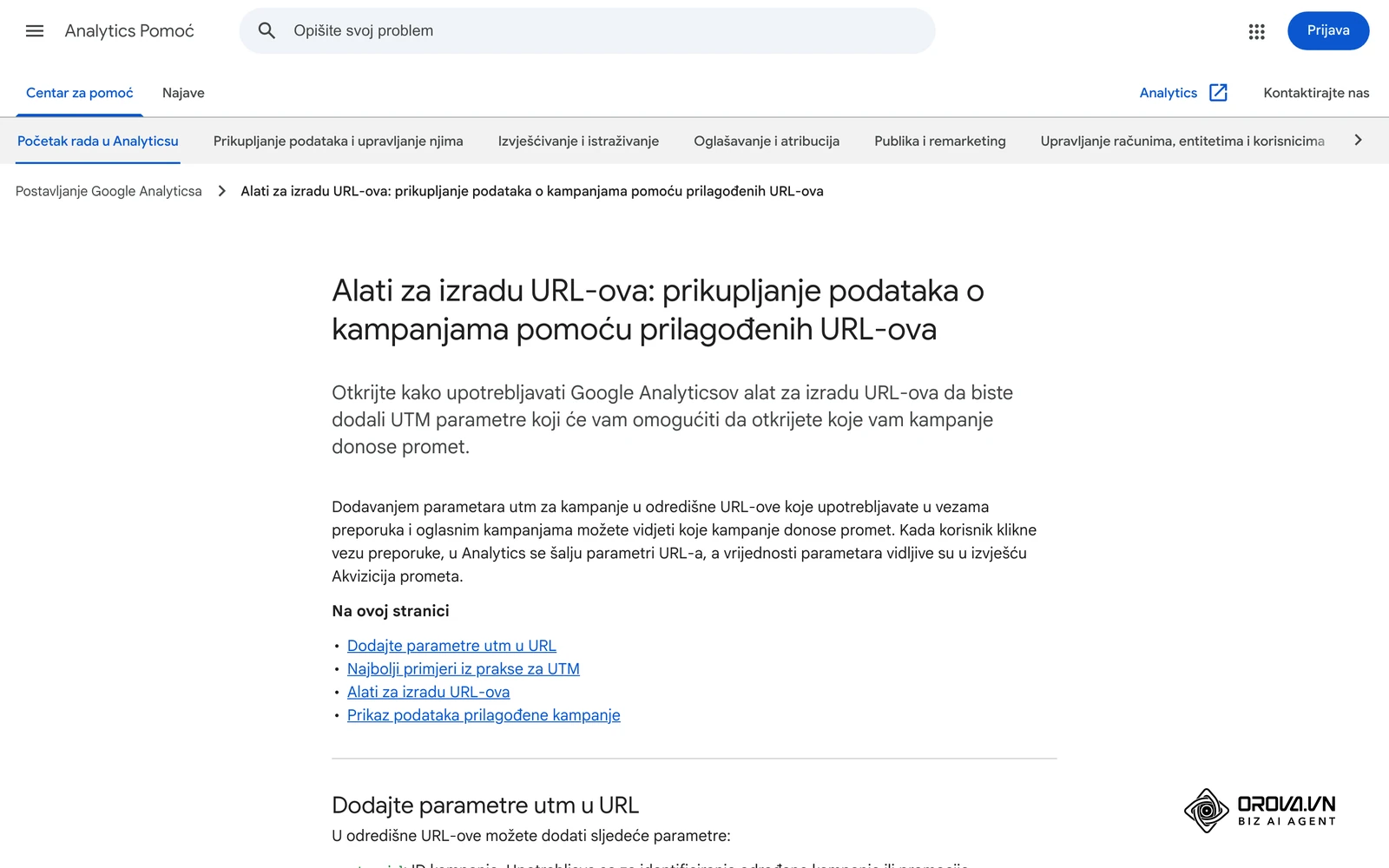 Googleova pomoć za Analytics (hrvatski): dodavanje UTM parametara u odredišne URL-ove i prikaz podataka prilagođene kampanje.