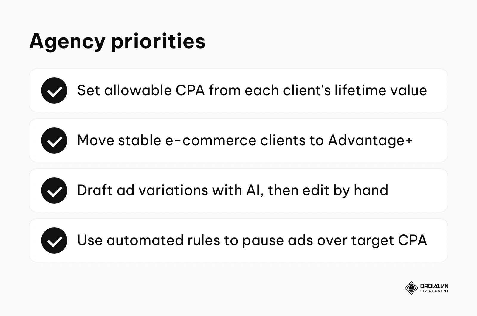 Four priorities for agency media buyers using Facebook Ads Manager across client accounts.