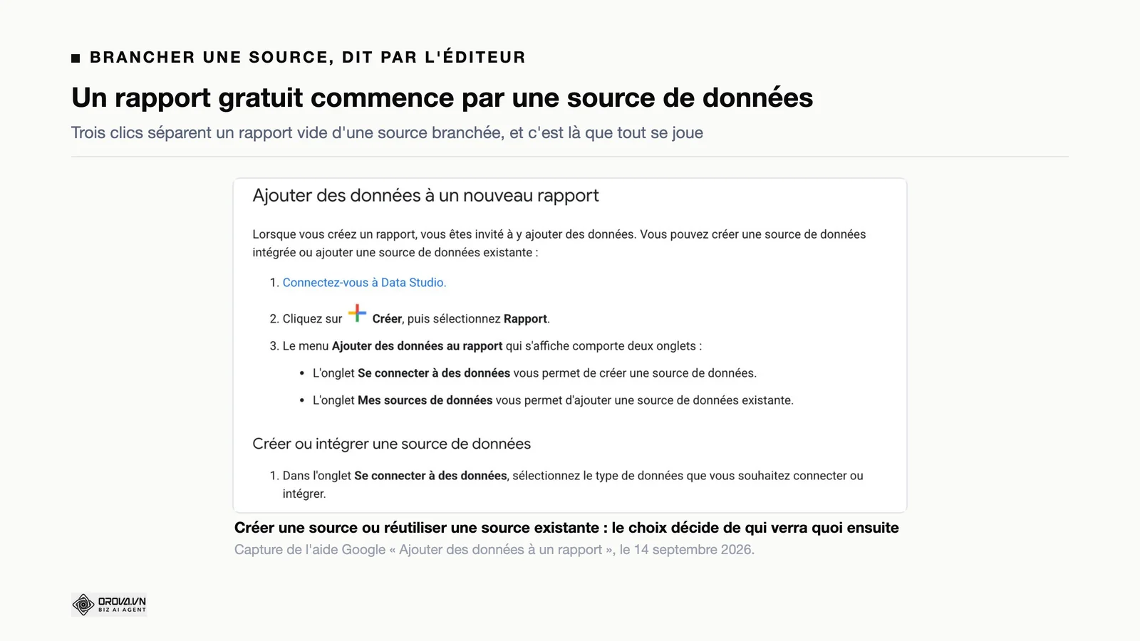 Capture de la page d'aide Google en français expliquant comment ajouter une source de données à un nouveau rapport