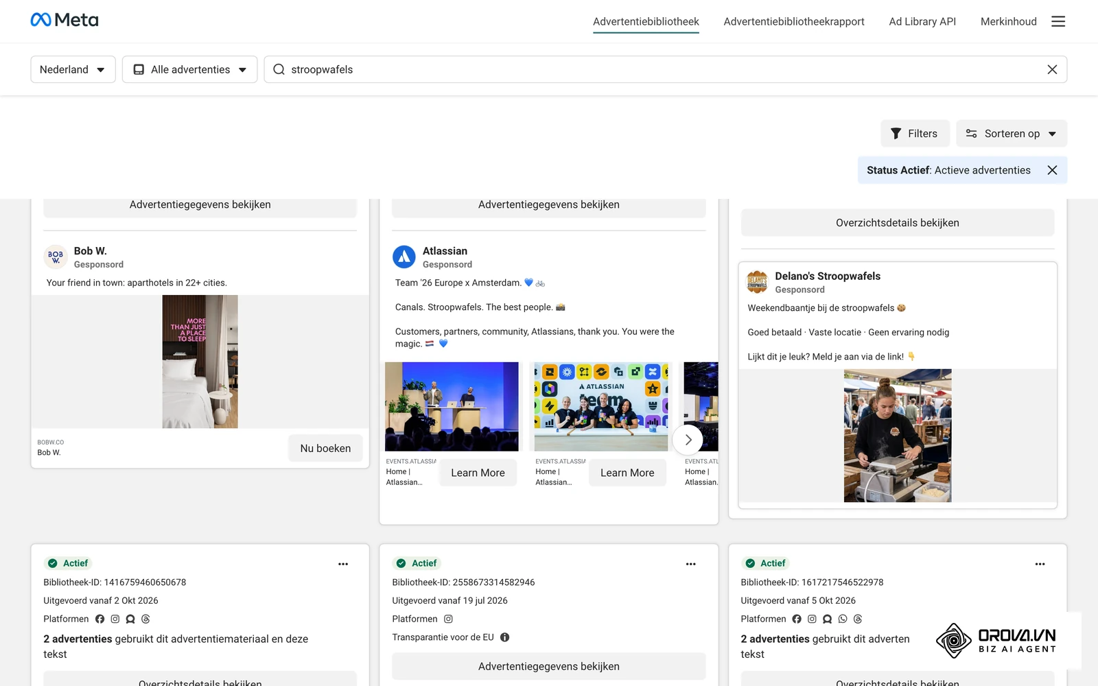 Meta Advertentiebibliotheek, gefilterd op Nederland: echte, actieve social media-advertenties van merken rond één zoekterm.
