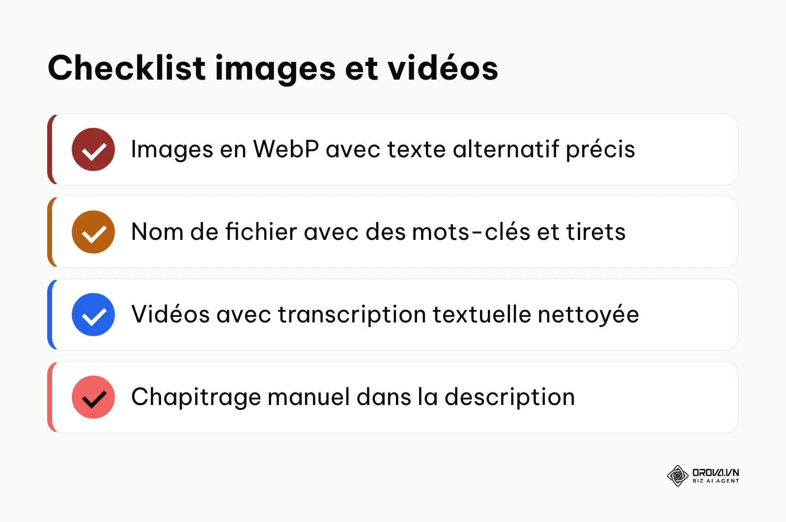 Liste des éléments techniques à vérifier pour s'assurer que les médias soient compris par l'IA.