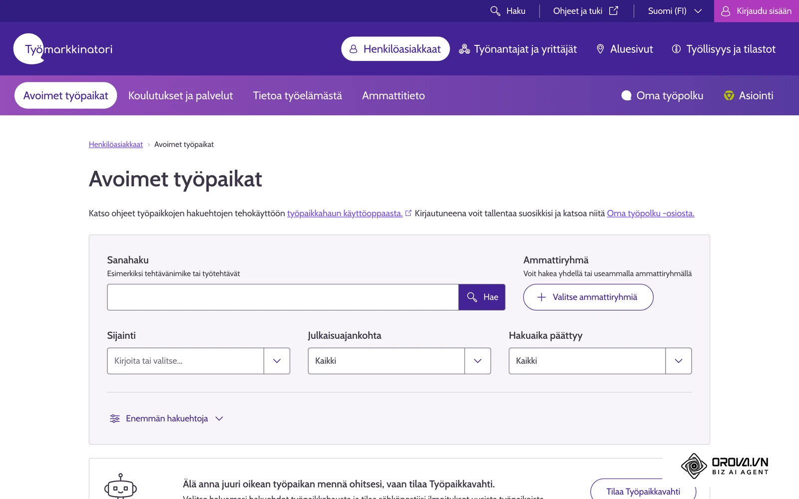 Työmarkkinatorin avointen työpaikkojen haku on julkinen työpaikkaportaali: ilmoitukset näkyvät siellä, mutta hakemusten arviointi tehdään yrityksen omassa rekrytointijärjestelmässä.