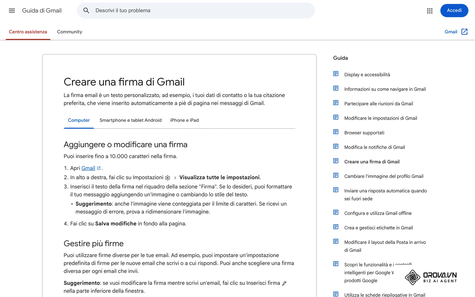 Guida ufficiale di Gmail in italiano sulla creazione della firma nelle impostazioni.