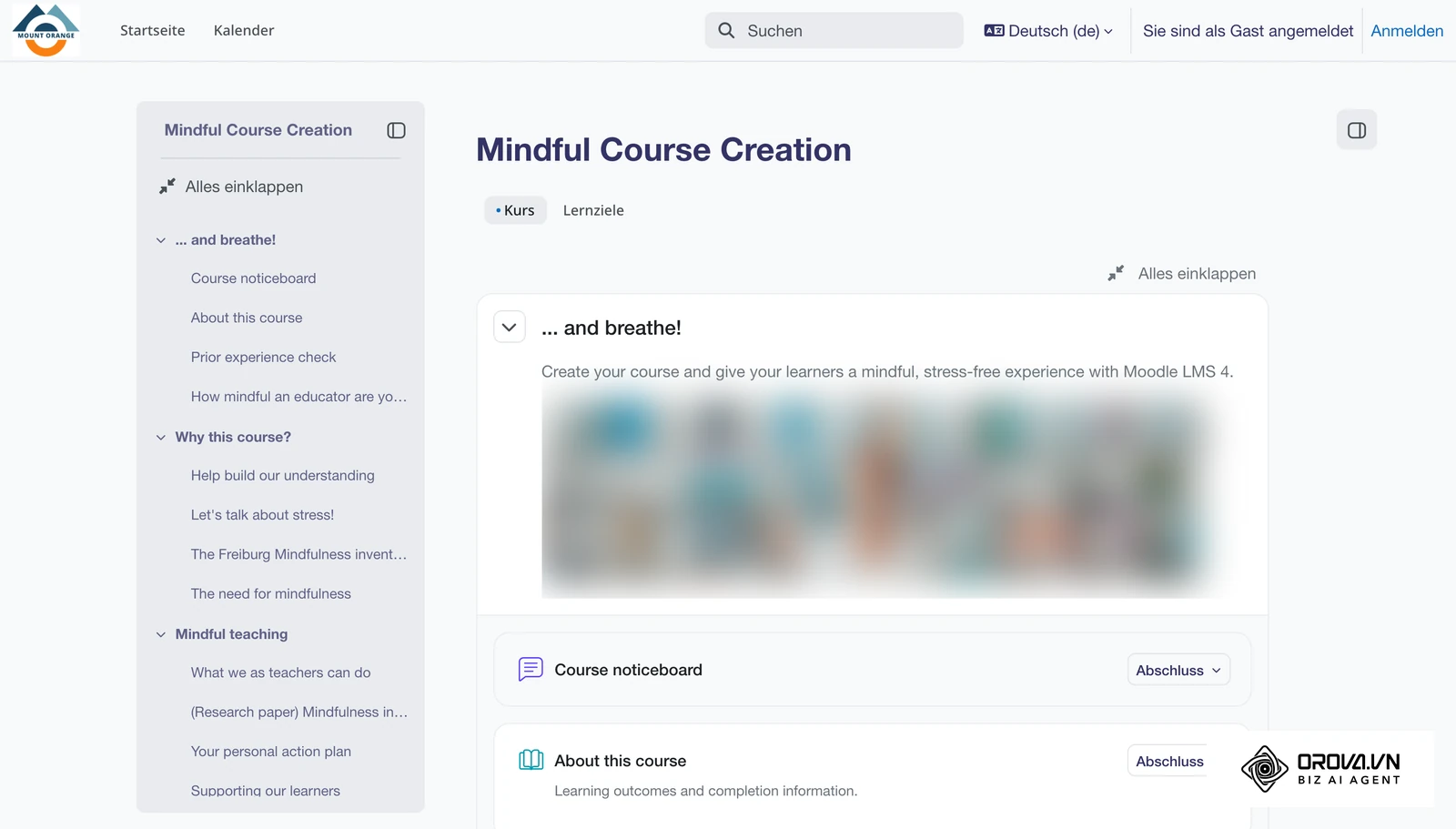 Kursseite eines Beispielkurses auf der offiziellen Moodle-Demoseite (Mount Orange School): Lektionen, Aktivitäten und Fortschritt in einem LMS