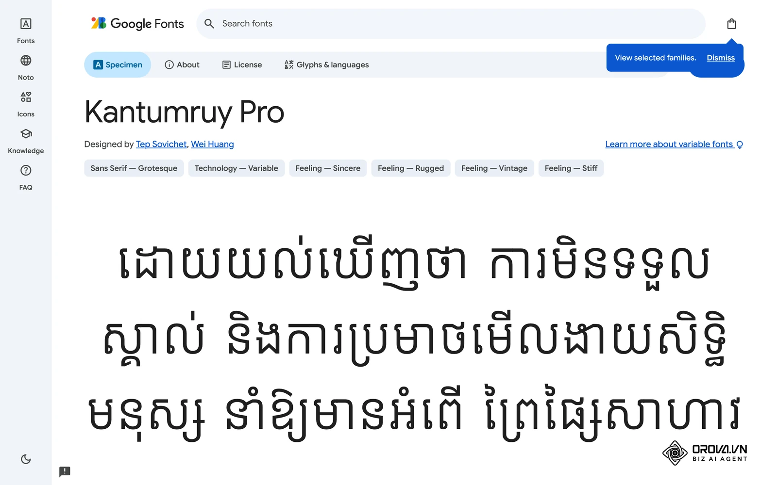 ទំព័រគំរូពុម្ពអក្សរខ្មែរ Kantumruy Pro លើ Google Fonts បង្ហាញជើងអក្សរ និងស្រៈដែលបង្ហាញត្រឹមត្រូវ ជាពុម្ពអក្សរដែលអាចបង្កប់ក្នុងកញ្ចប់ SCORM បាន។