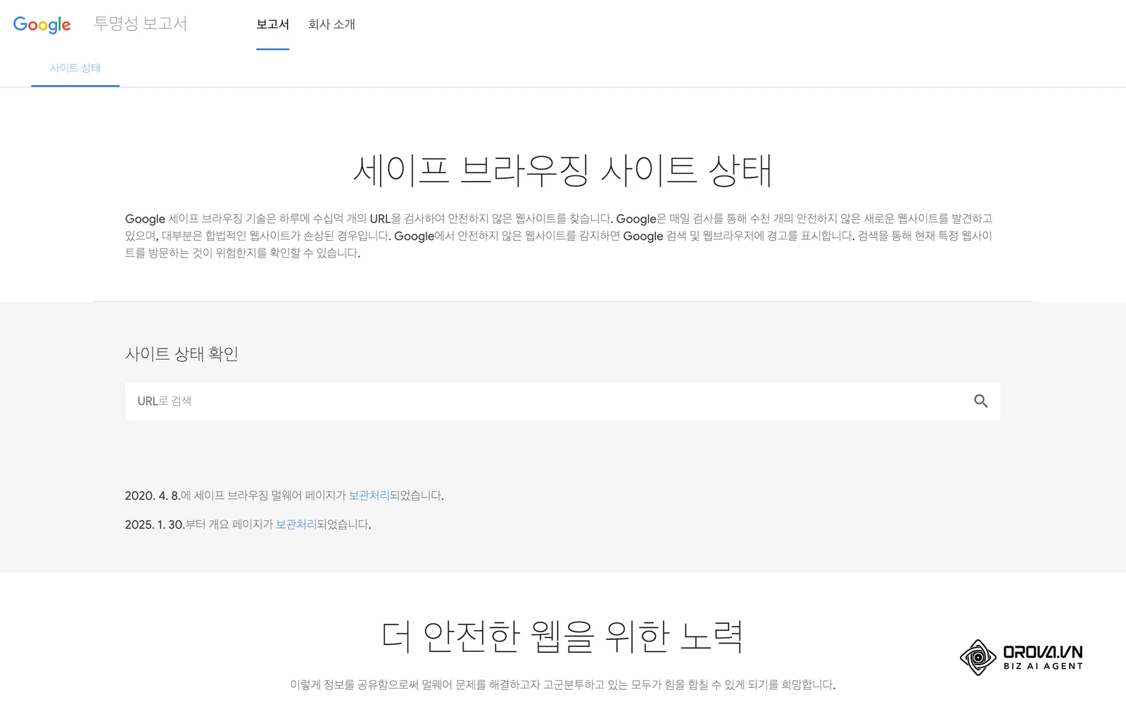 Google 투명성 보고서의 '세이프 브라우징 사이트 상태' 조회 페이지: 도메인을 입력해 위험 사이트로 표시되었는지 확인