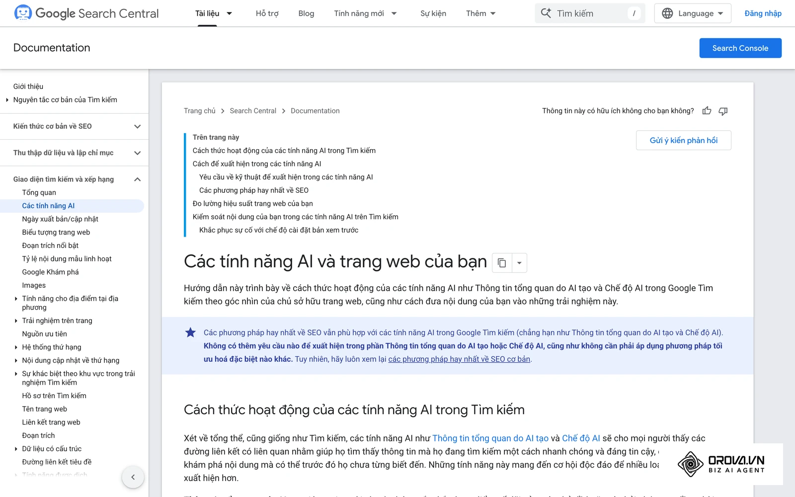 Tài liệu của Google Search Central về cách nội dung website xuất hiện trong các tính năng AI của Google Tìm kiếm.