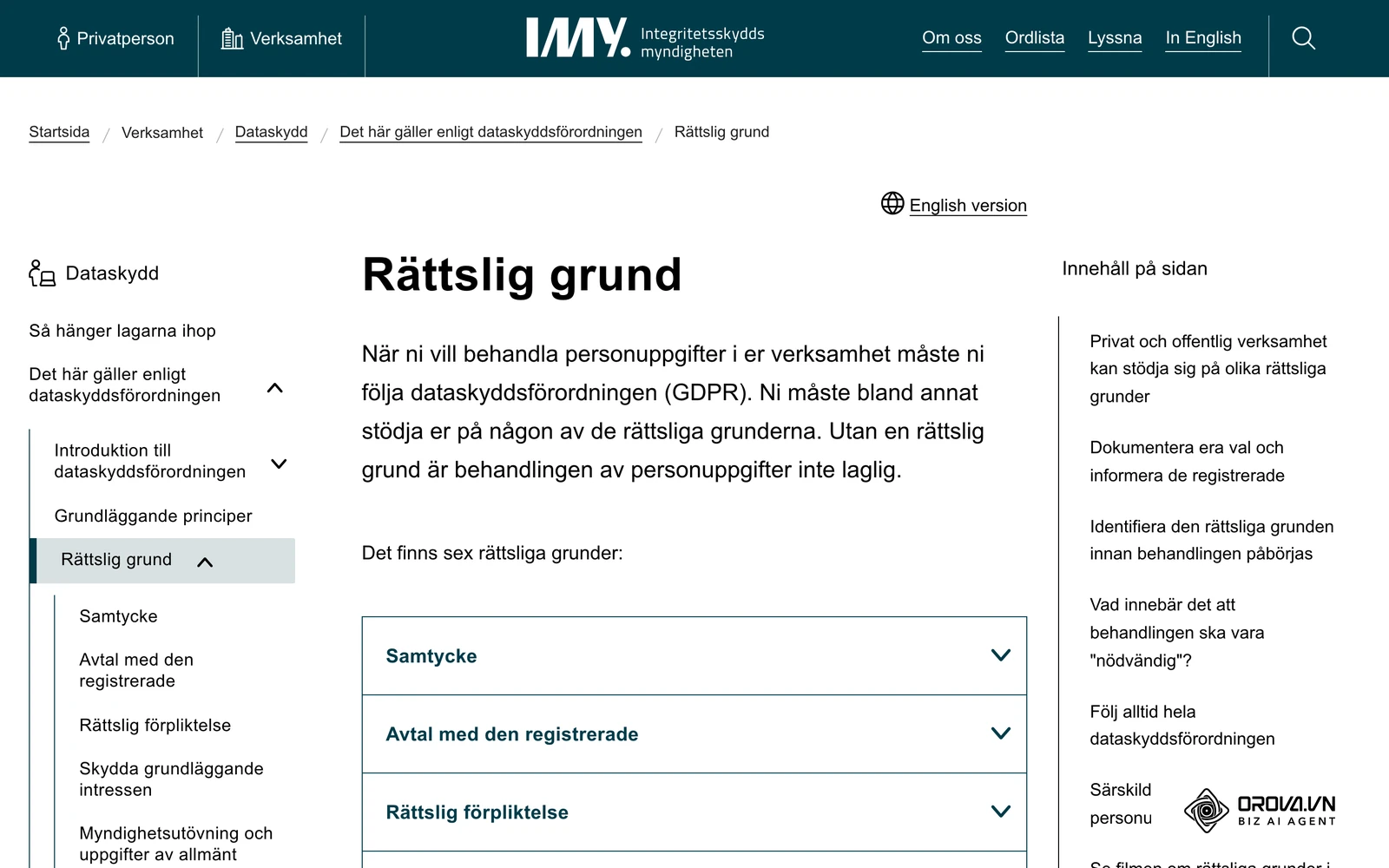 IMY:s sida om rättsliga grunder enligt GDPR, bland annat berättigat intresse, som är utgångspunkten för B2B-kontakt med namngivna personer.