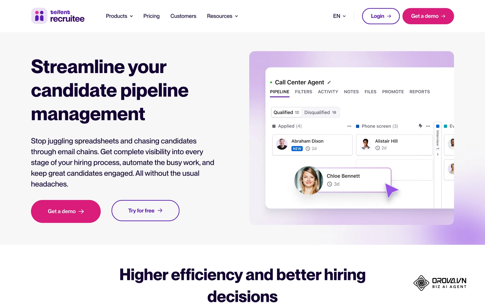 Recruitee's visual drag-and-drop candidate pipeline interface organizing applicants across customizable hiring stages.