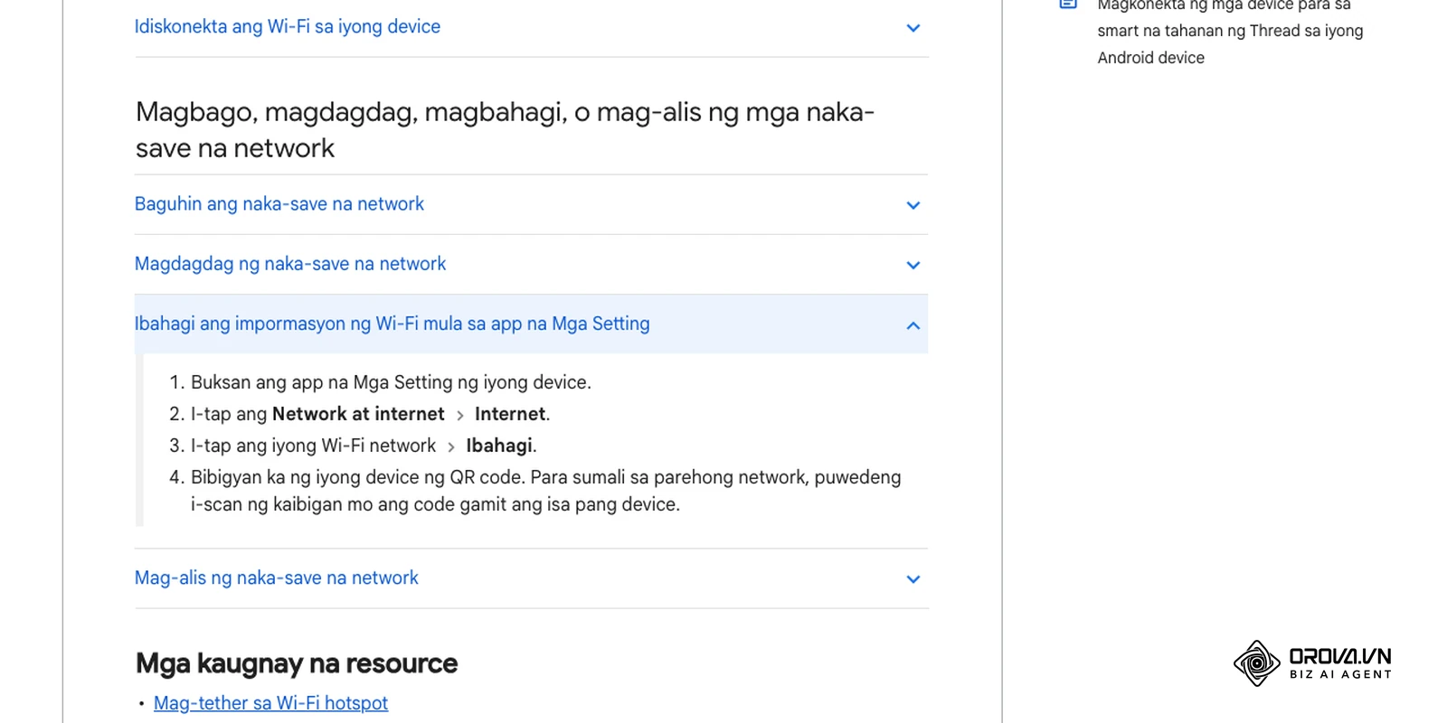 Opisyal na Tulong ng Android sa Filipino, bahaging "Ibahagi ang impormasyon ng Wi-Fi mula sa app na Mga Setting": Buksan ang Mga Setting, i-tap ang Network at internet › Internet, i-tap ang Wi-Fi network › Ibahagi, at bibigyan ka ng device ng QR code.