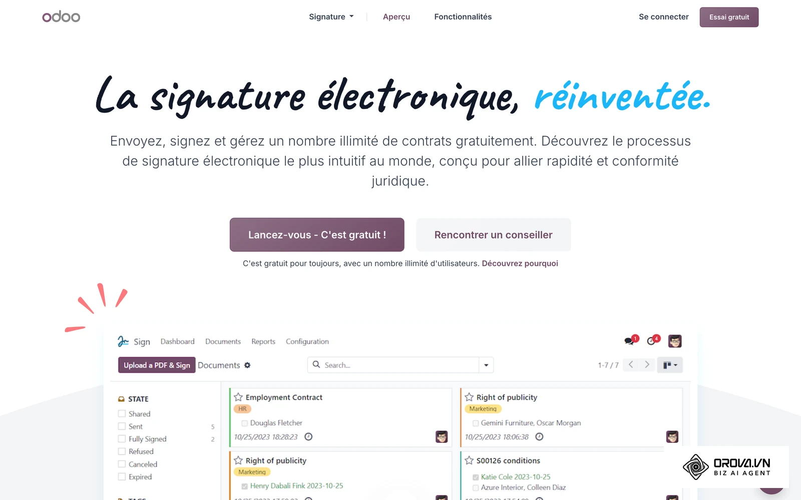 Page officielle de l'application Sign d'Odoo : signature électronique d'un document, comme un contrat de travail remis à l'embauche.
